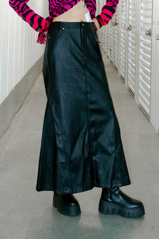 Nuth Black Pansy Split Line Design Fishtail Leather Skirt