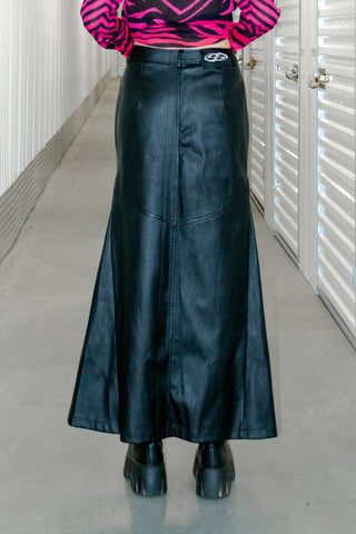 Nuth Black Pansy Split Line Design Fishtail Leather Skirt