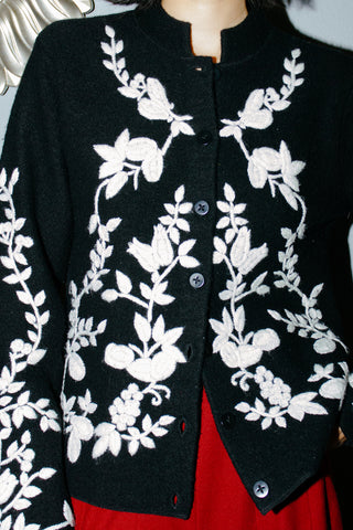 Vintage Oscar de la Renta Floral Embroidered Wool Cardigan