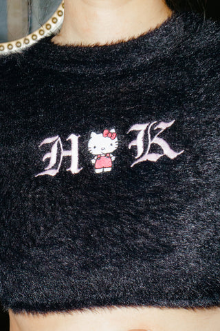 Bershka Hello Kitty Fluffy Crop Sweater in Black