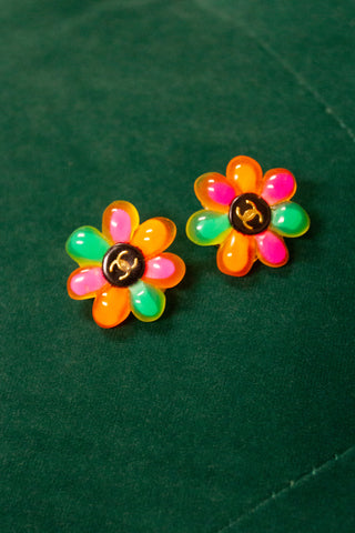 Vintage Chanel Neon Rainbow Gummy Flower Clip On Earrings