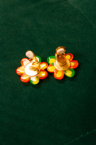 Vintage Chanel Neon Rainbow Gummy Flower Clip On Earrings