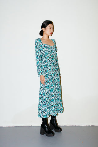 & Other Stories Multi Blue Floral Print Puff Long Sleeve Midi Dress