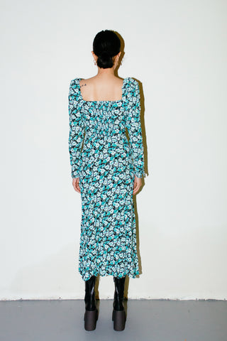 & Other Stories Multi Blue Floral Print Puff Long Sleeve Midi Dress