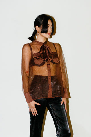 Co'couture Presley Bow Shirt in Mocca