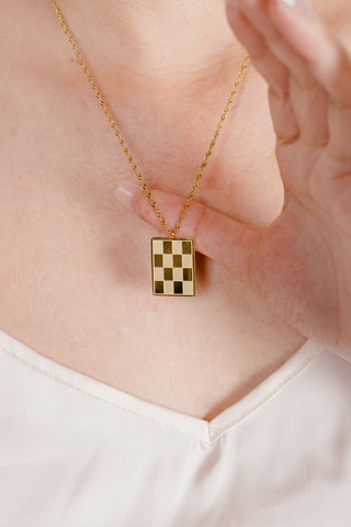 18k Gold Plated Checker Pendant Necklace