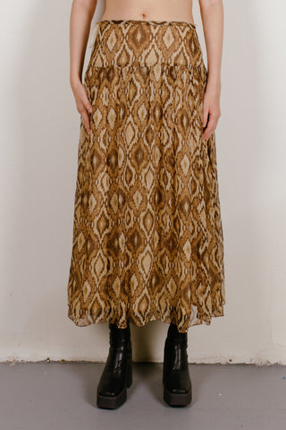 Vintage Valerie Stevens Tribal Print Silk A-Line Midi Skirt