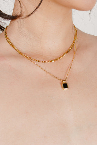 18k Gold Plated Layered Necklace with Stone in Black