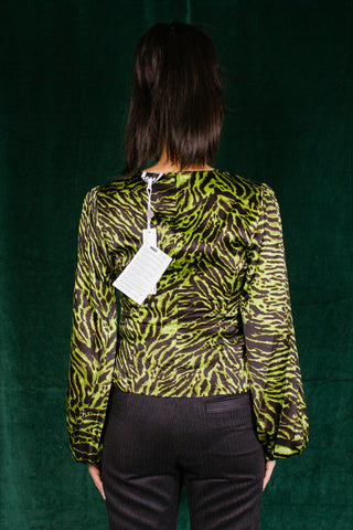 GANNI Tiger Print Silk Blend Satin Top in Lime Green