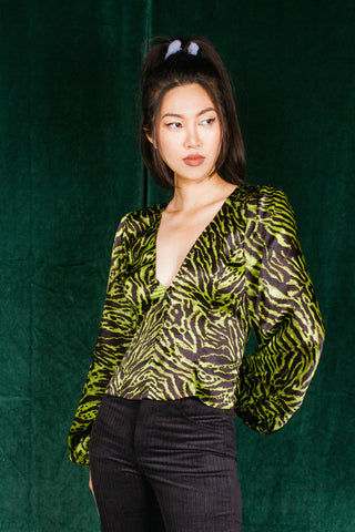 GANNI Tiger Print Silk Blend Satin Top in Lime Green