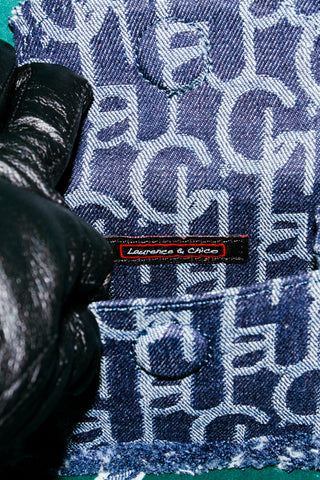 Laurence & Chico Pearl Top Handle Monogram Frayed Detail Denim Mini Bag in Dark Blue