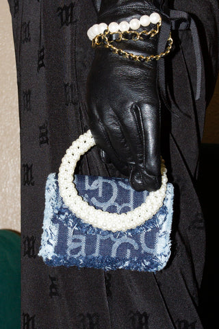 Laurence & Chico Pearl Top Handle Monogram Frayed Detail Denim Mini Bag in Dark Blue