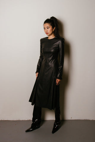 Philosophy di Lorenzo Serafini Faux Leather Midi Dress with Lace Cuff