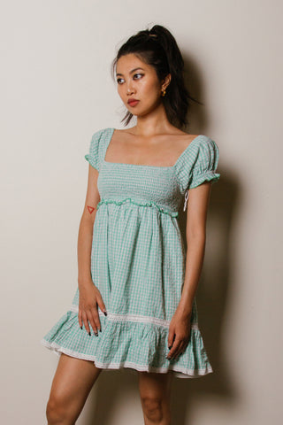Urban Outfitters Marseille Gingham Smocked Mini Dress in Mint
