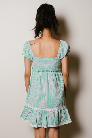 Urban Outfitters Marseille Gingham Smocked Mini Dress in Mint