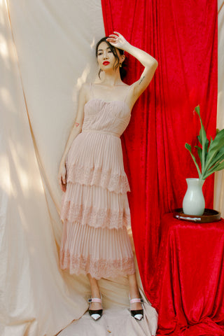 Self-Portrait Abito Chiffon Cape Tiered Midi Dress in Nude Pink