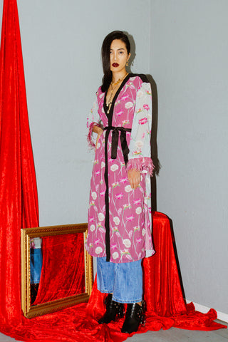 endless rose Floral Print Feather Sleeve Kimono