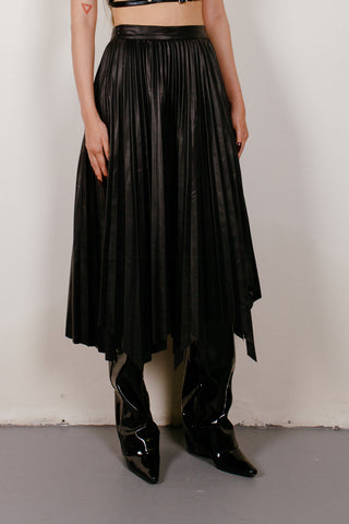 Asymmetrical Pleated Vegan Leather Midi Skirt