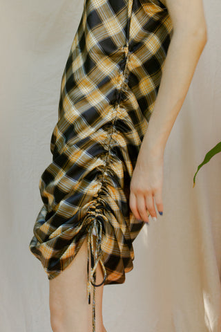 Lioness Plaid String Along Satin Cinched Dress