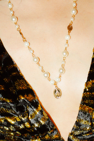 Faux Pearl With Rosary Pendant Necklace
