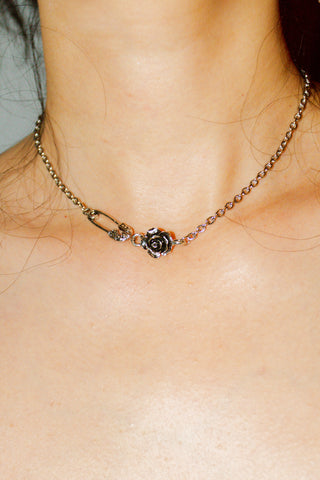 Delicate Rose Safety Pin Charm Necklace